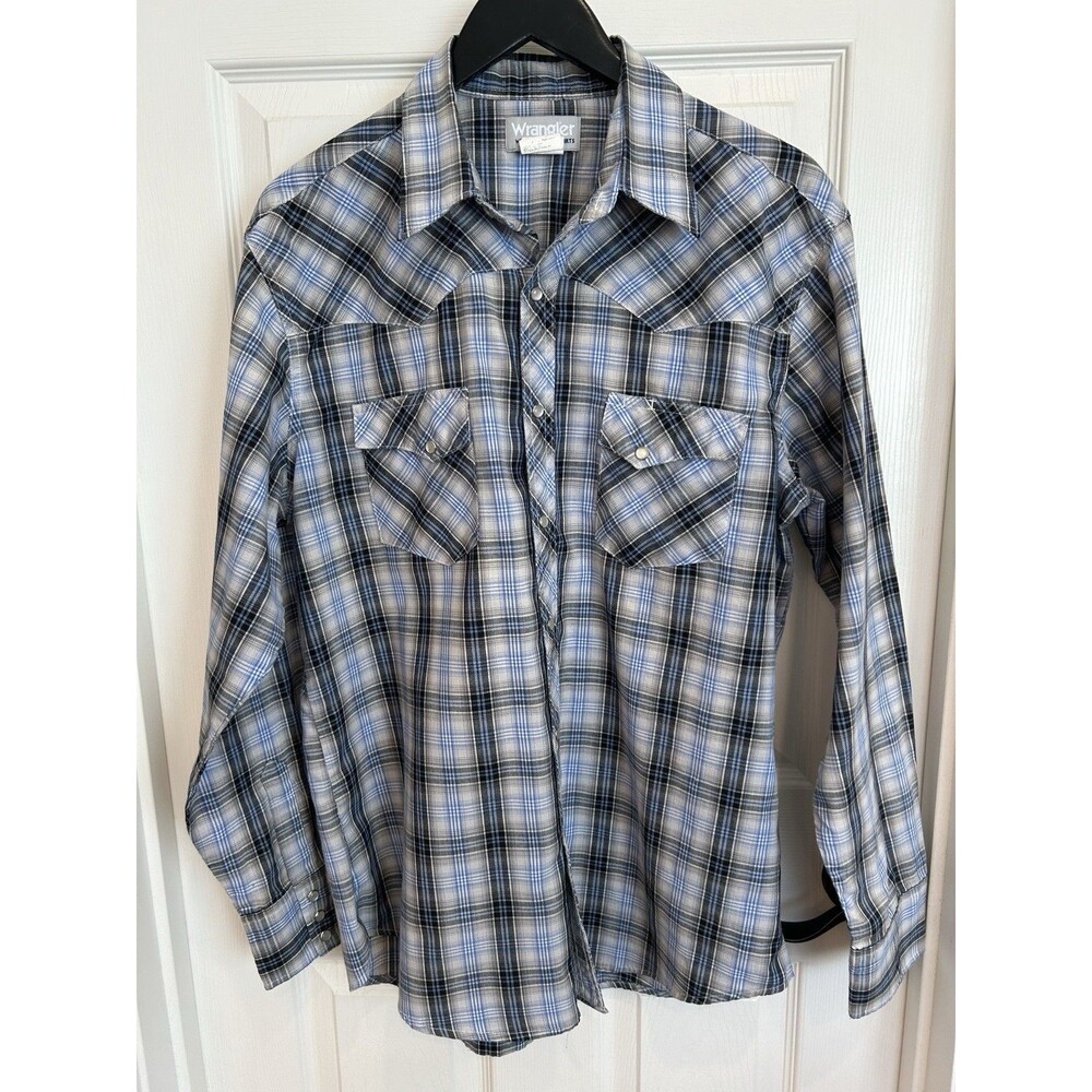 Wrangler Wrancher Mens Large Blue Plaid Western Pearl Snap Long Sleeve Shirt